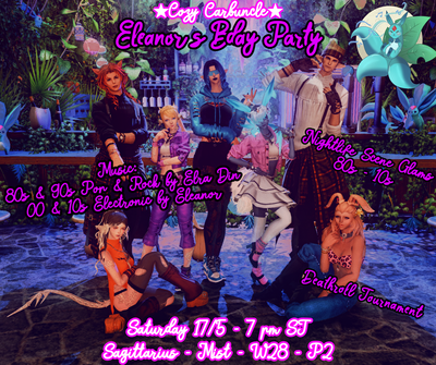 Event image for Cozy Carbuncle: 80-10s Pop/Rock Hits Party! Eleanor's Bday! Scene Glams! Deathroll Tourney!