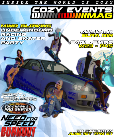 Event image for Street Race/Skater Party! @ Cozy Carbie (Music from NeedforSpeed, Fast&Furious, TonyHawkProSkater, Burnout)